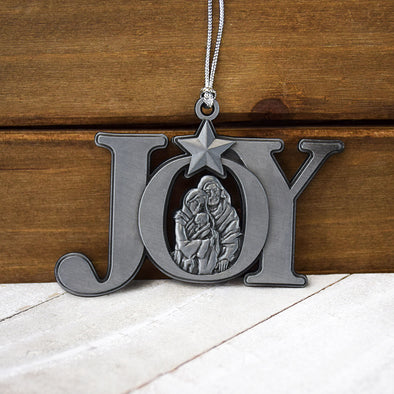 Joy Nativity Antique Silver Christmas Ornament