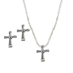 Silver Cross With Stone Necklace & Earring Set